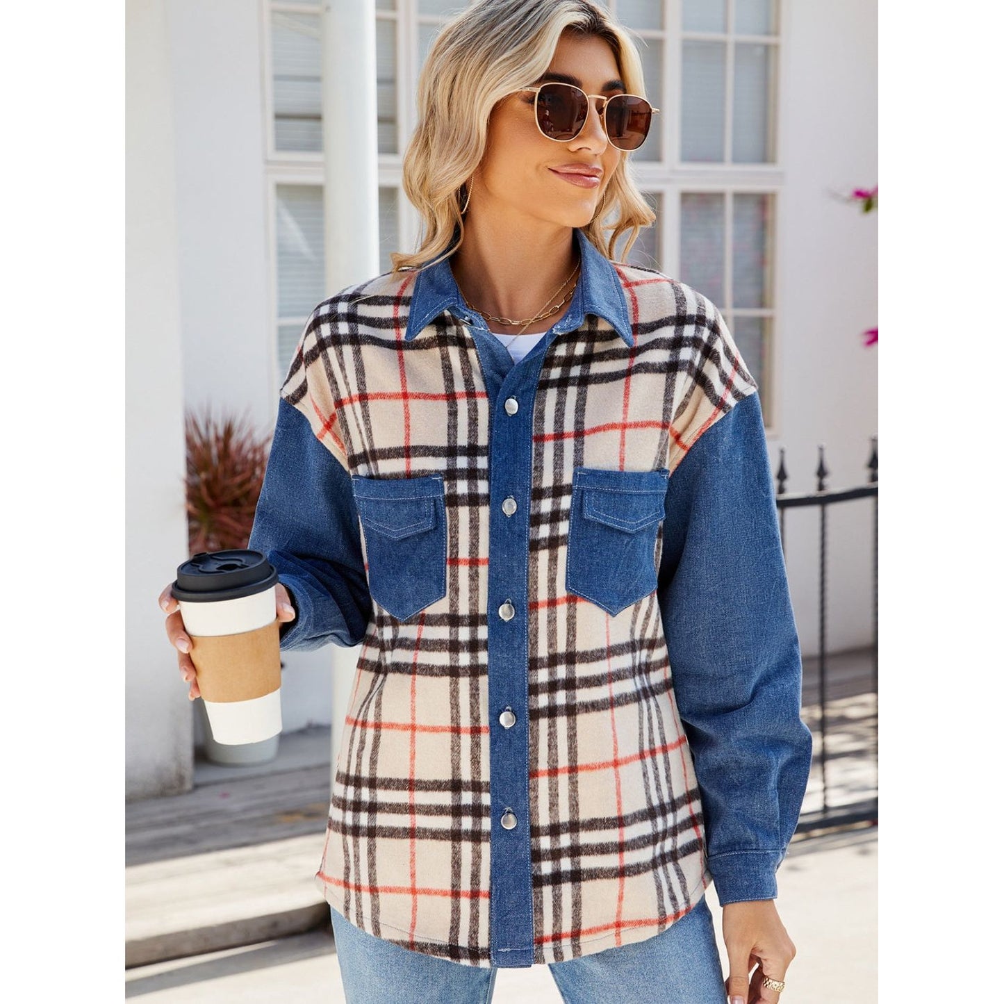 Plaid Long Sleeve Denim Jacket