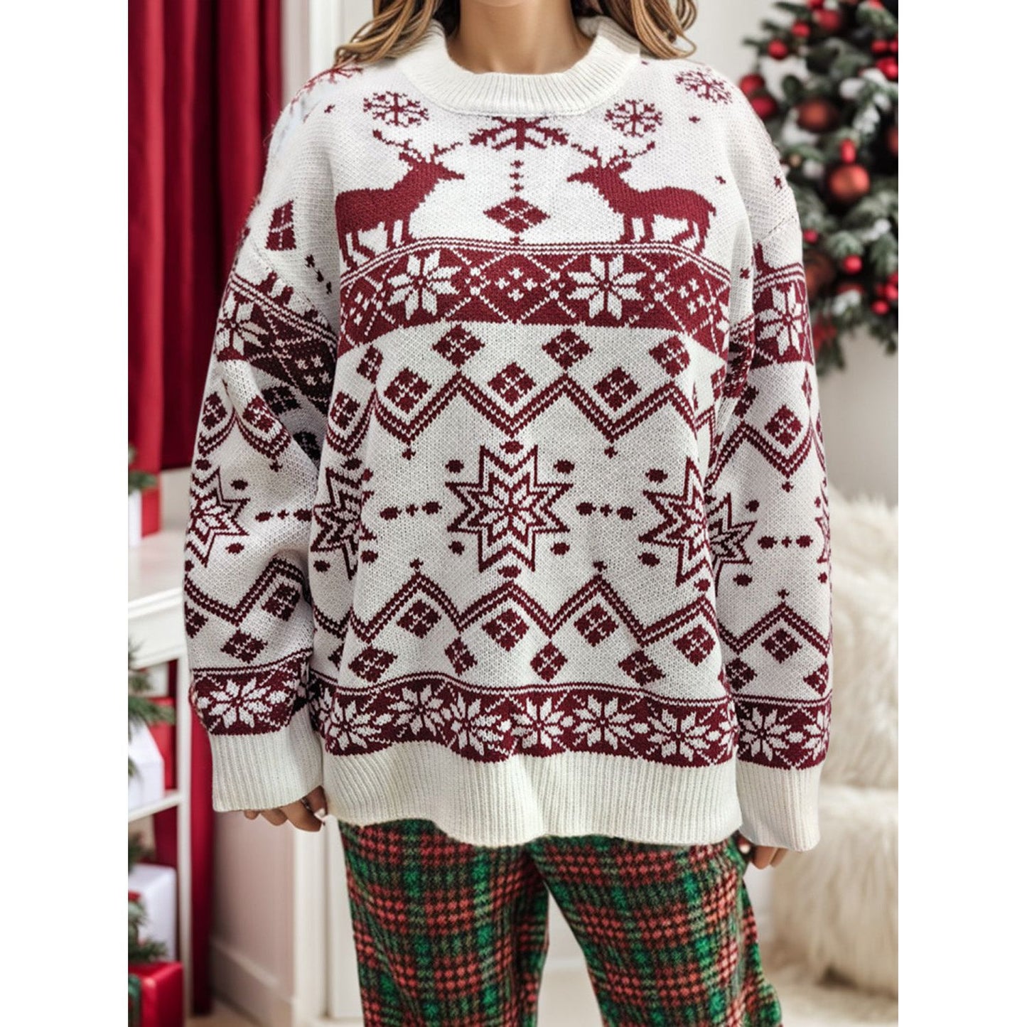 Snowflake Contrast Round Neck Long Sleeve Sweater