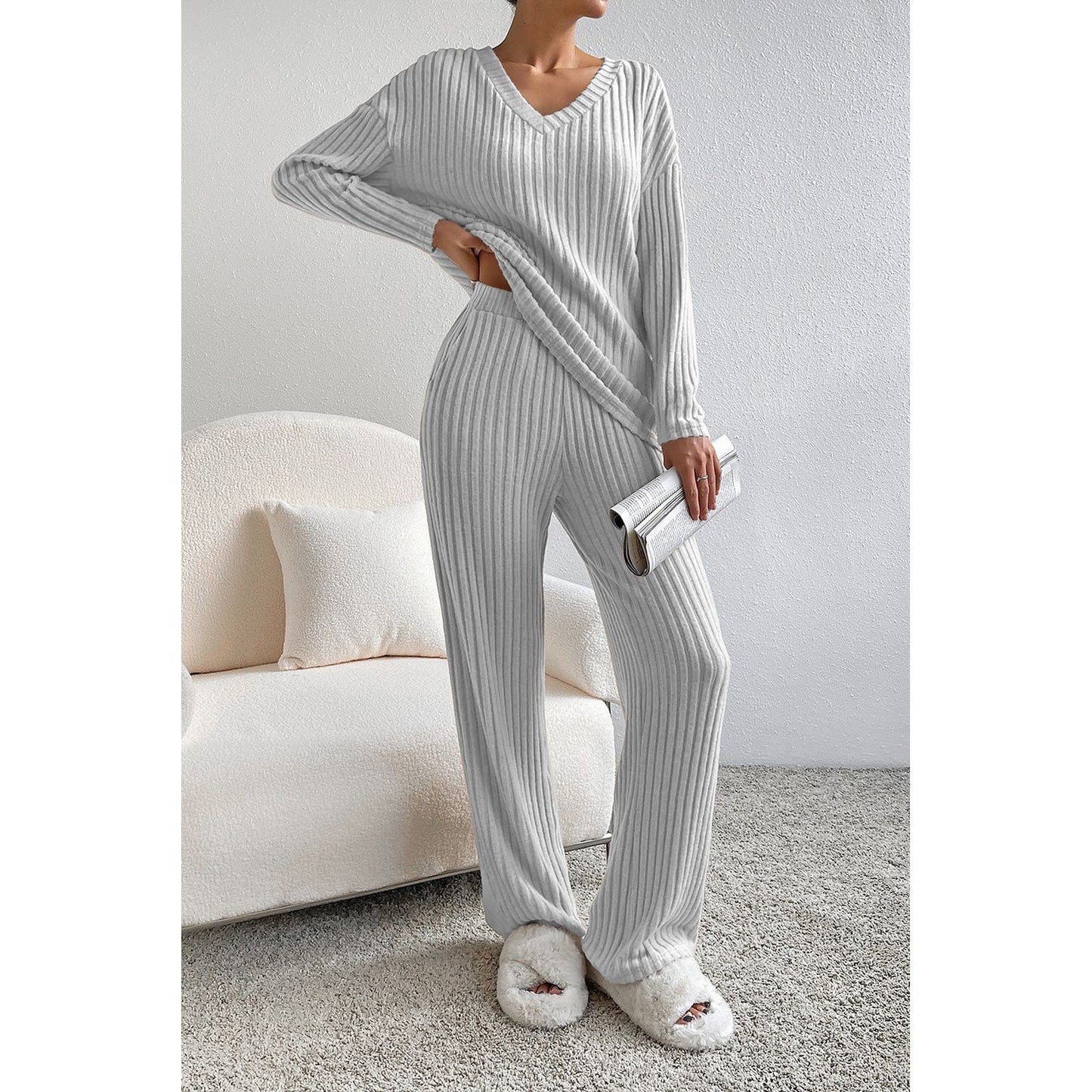 Ribbed V-Neck Top and Pants Lounge Set