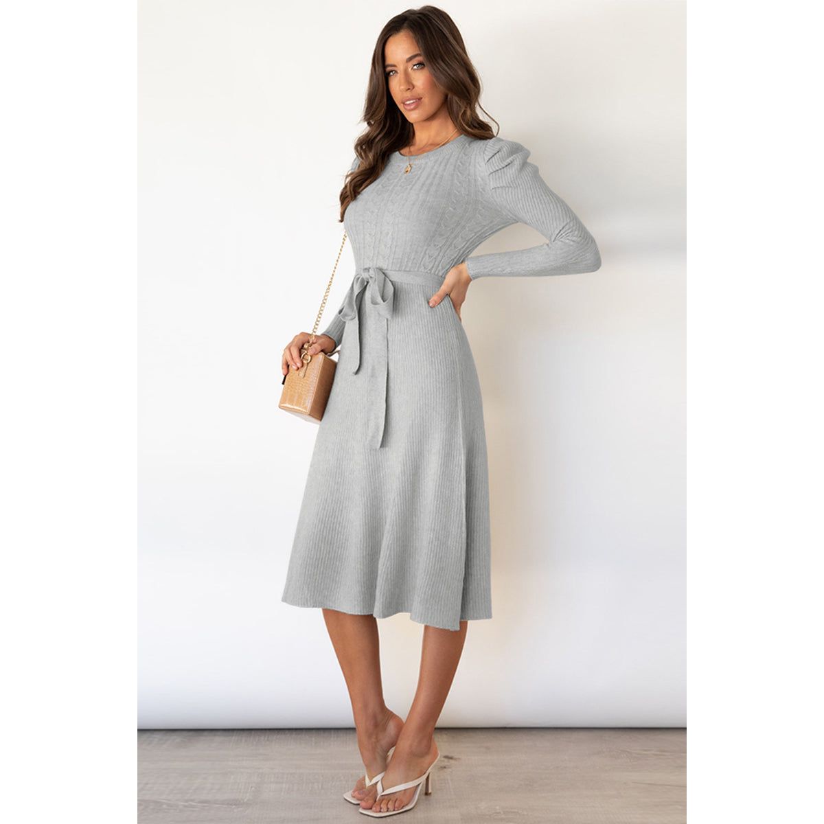 Round Neck Long Sleeve Tie Waist Sweater Dress