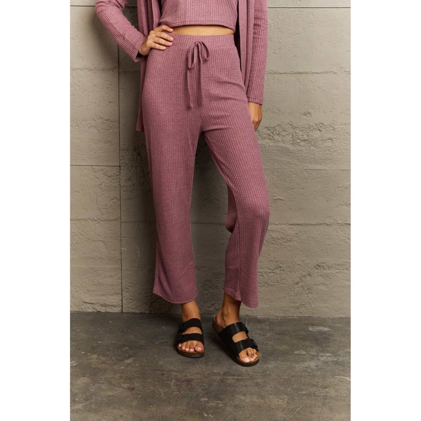 Ninexis Full Size Cropped Top, Long Pants and Cardigan Lounge Set