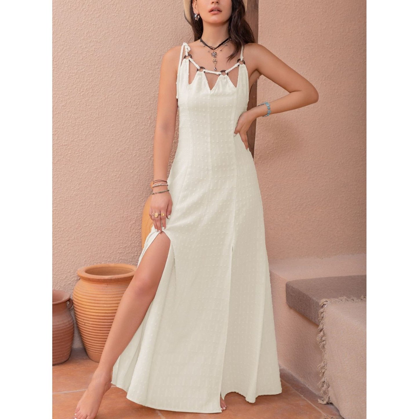 Swiss Dot Cutout Sleeveless Maxi Dress