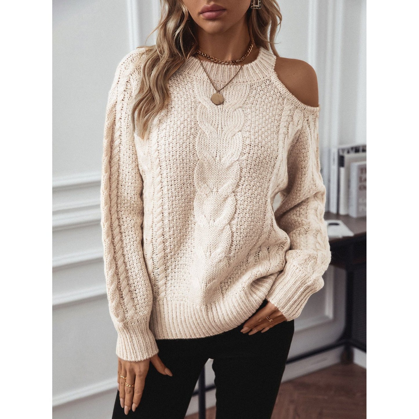 Cable Knit Round Neck Cold Shoulder Sweater