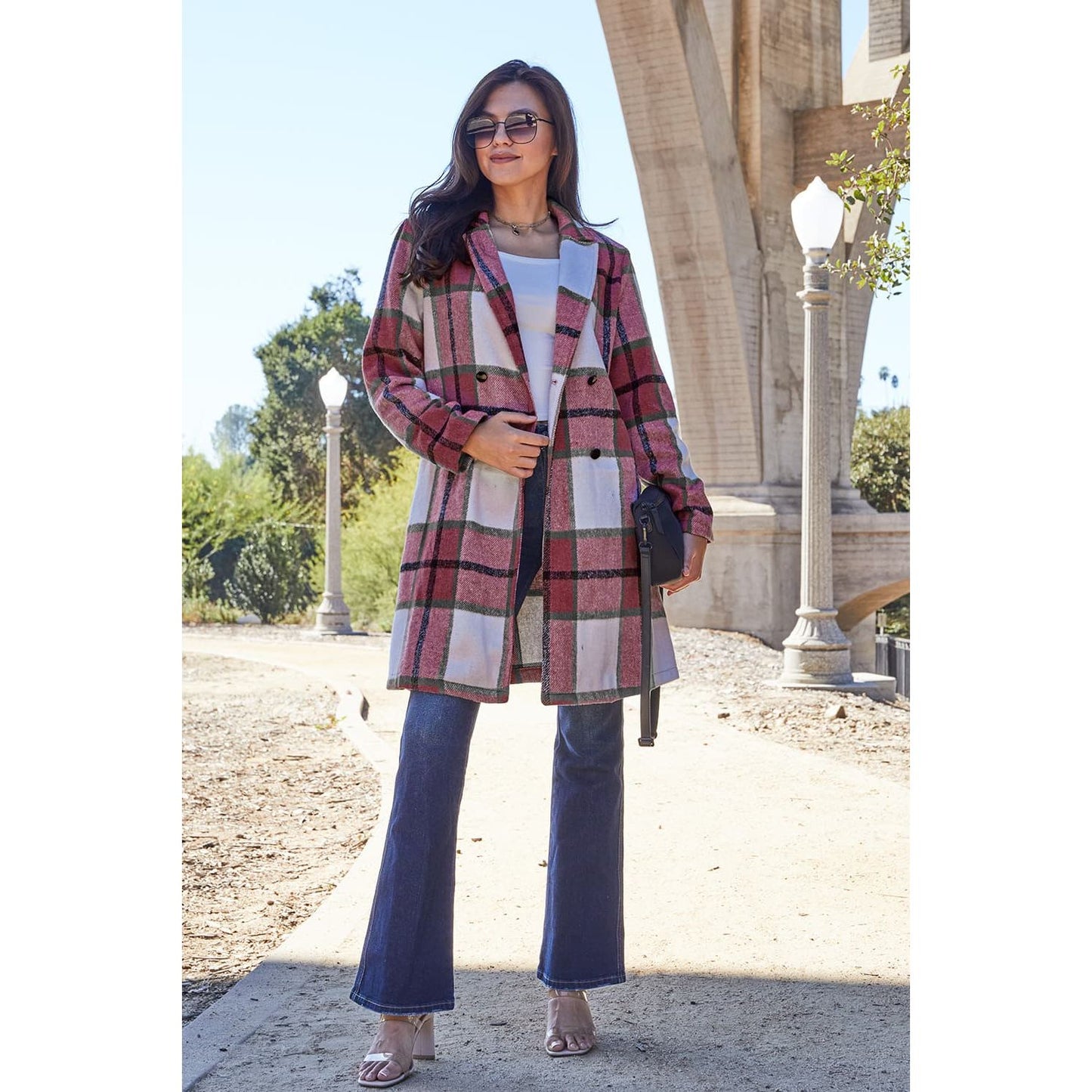 Double Take Full Size Plaid Button Up Lapel Collar Coat