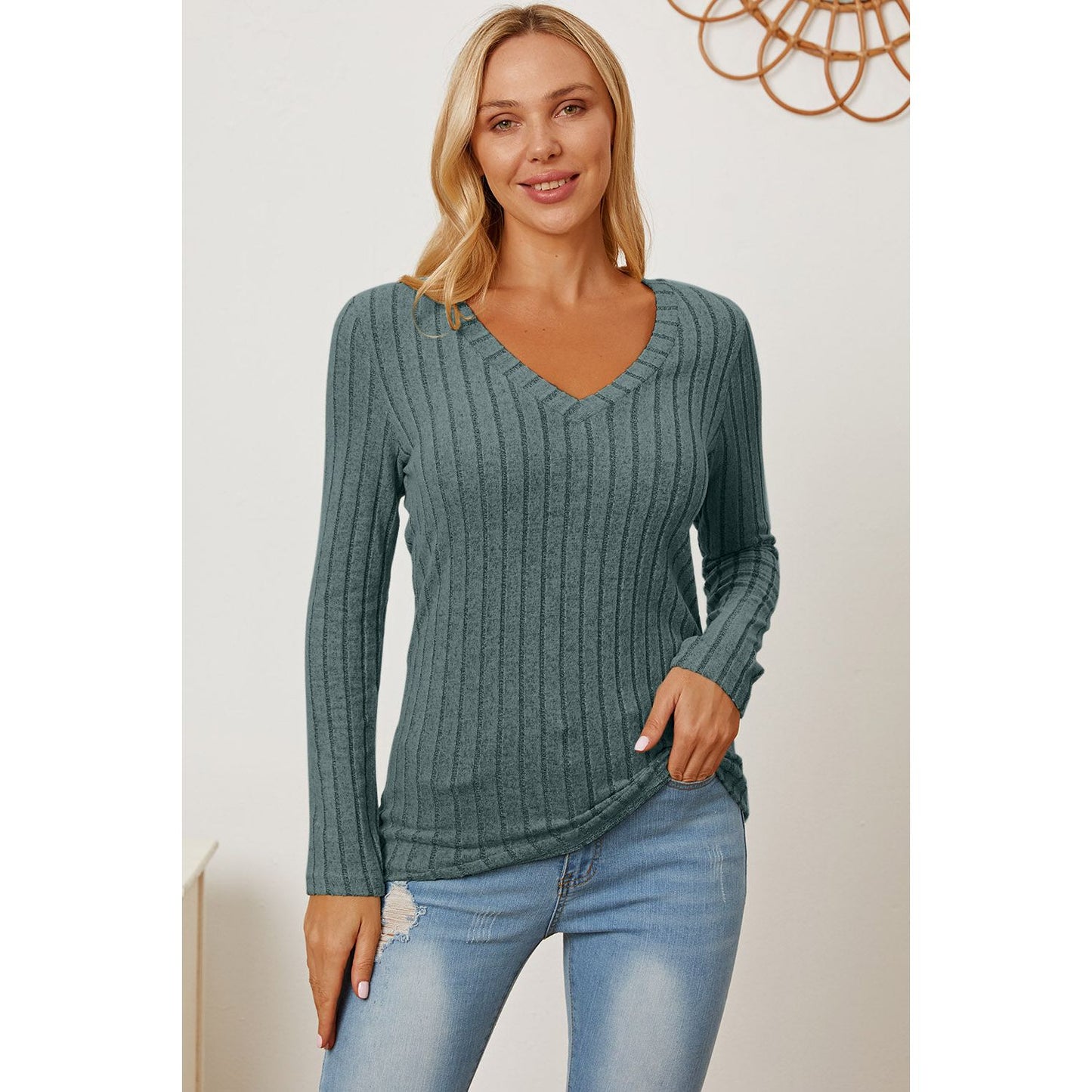 Basic Bae Full Size Ribbed V-Neck Long Sleeve T-Shirt