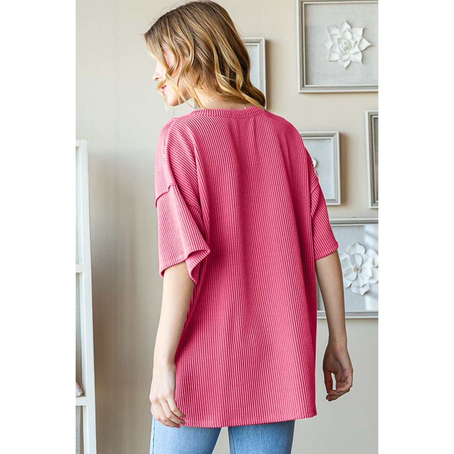 Heimish Full Size Ribbed Half Button Drop Shoulder Top