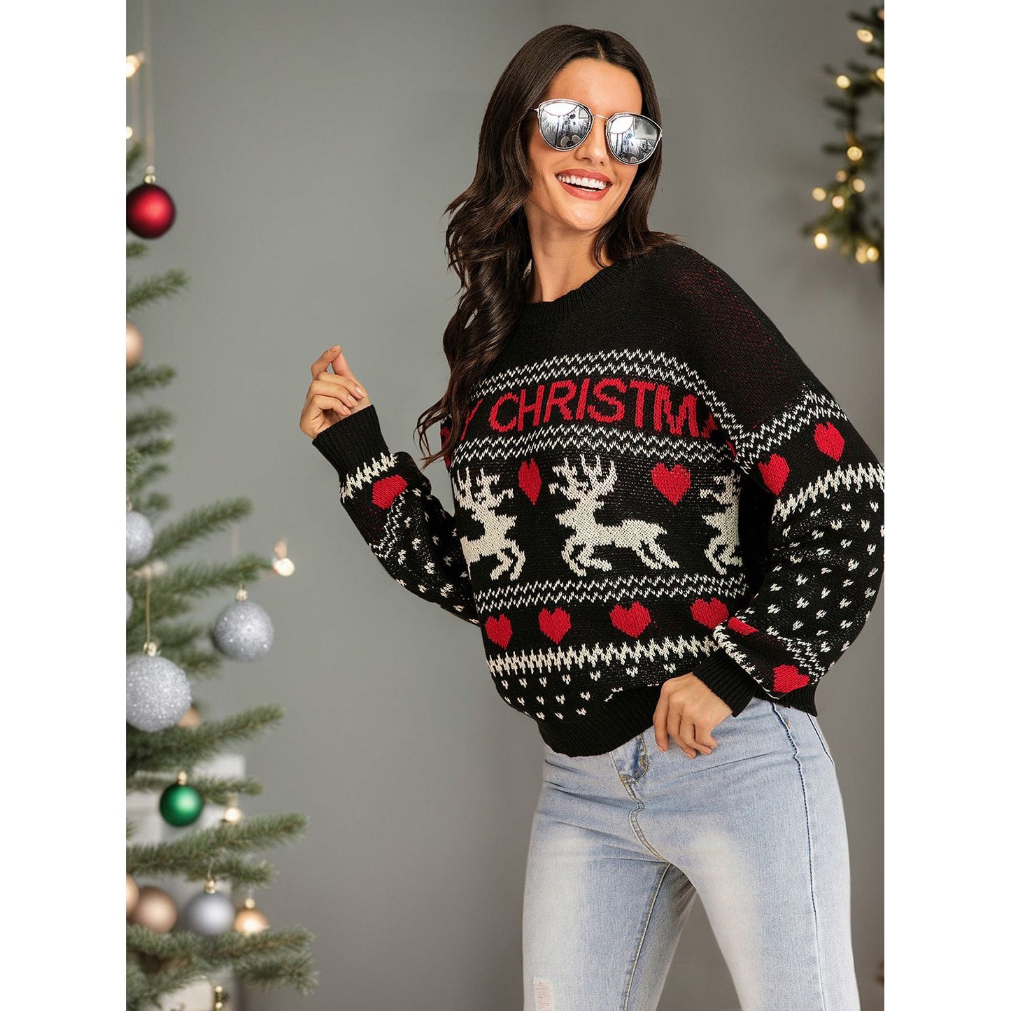 Perfee Christmas Element Round Neck Sweater