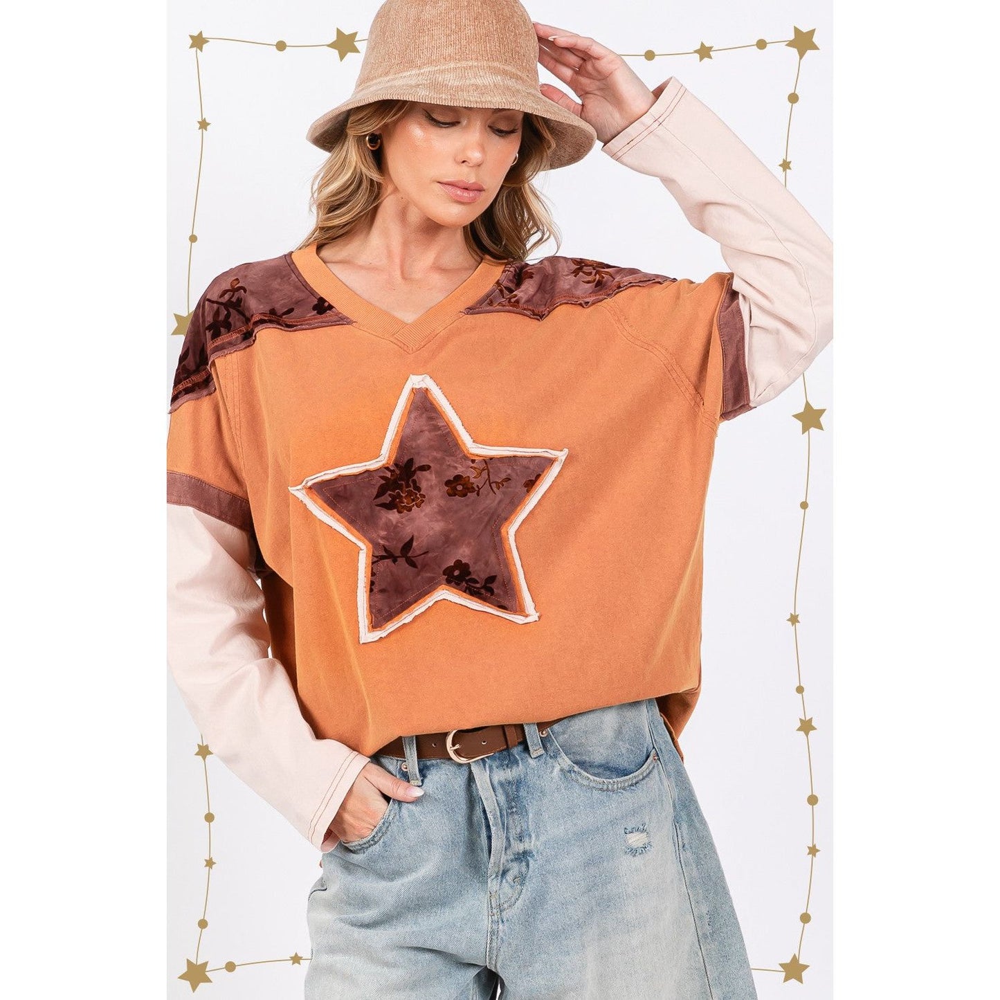 SAGE + FIG Star Patch Long Sleeve Color Block T-Shirt