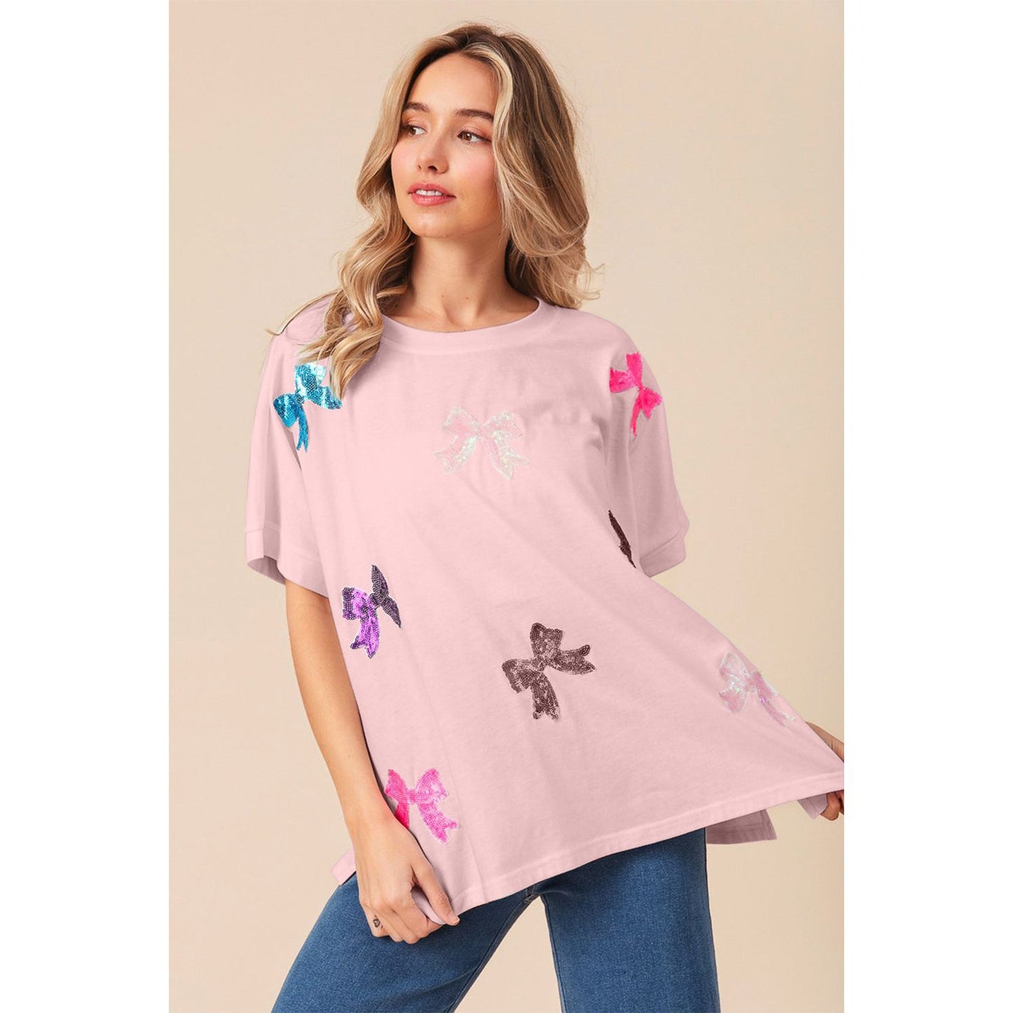 BiBi Sequin Bow Patch Short Sleeve T-Shirt