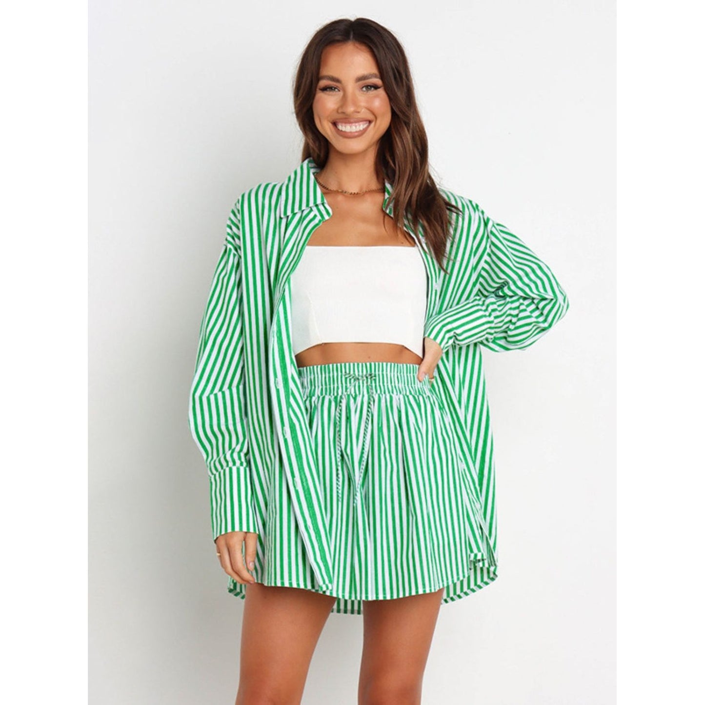 Striped Dropped Shoulder Shirt and Shorts Set