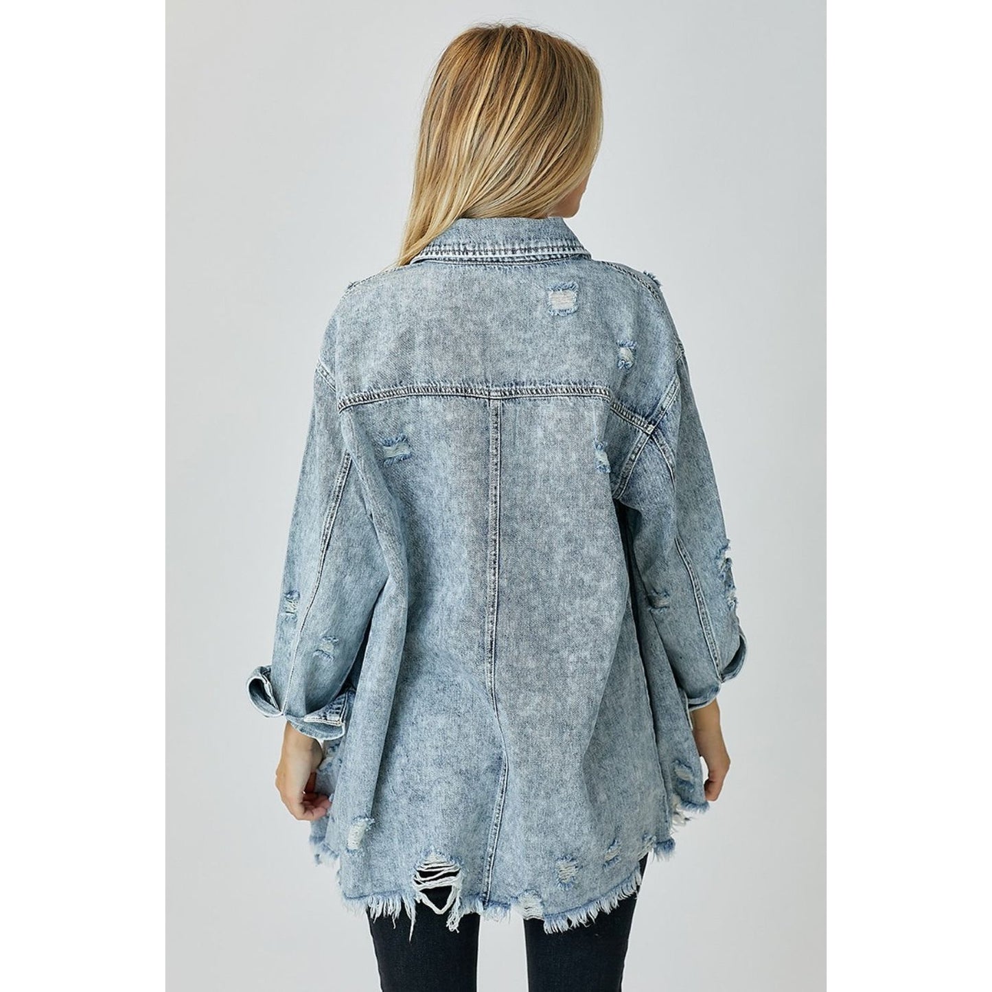 RISEN Distressed Raw Hem Denim Shirt