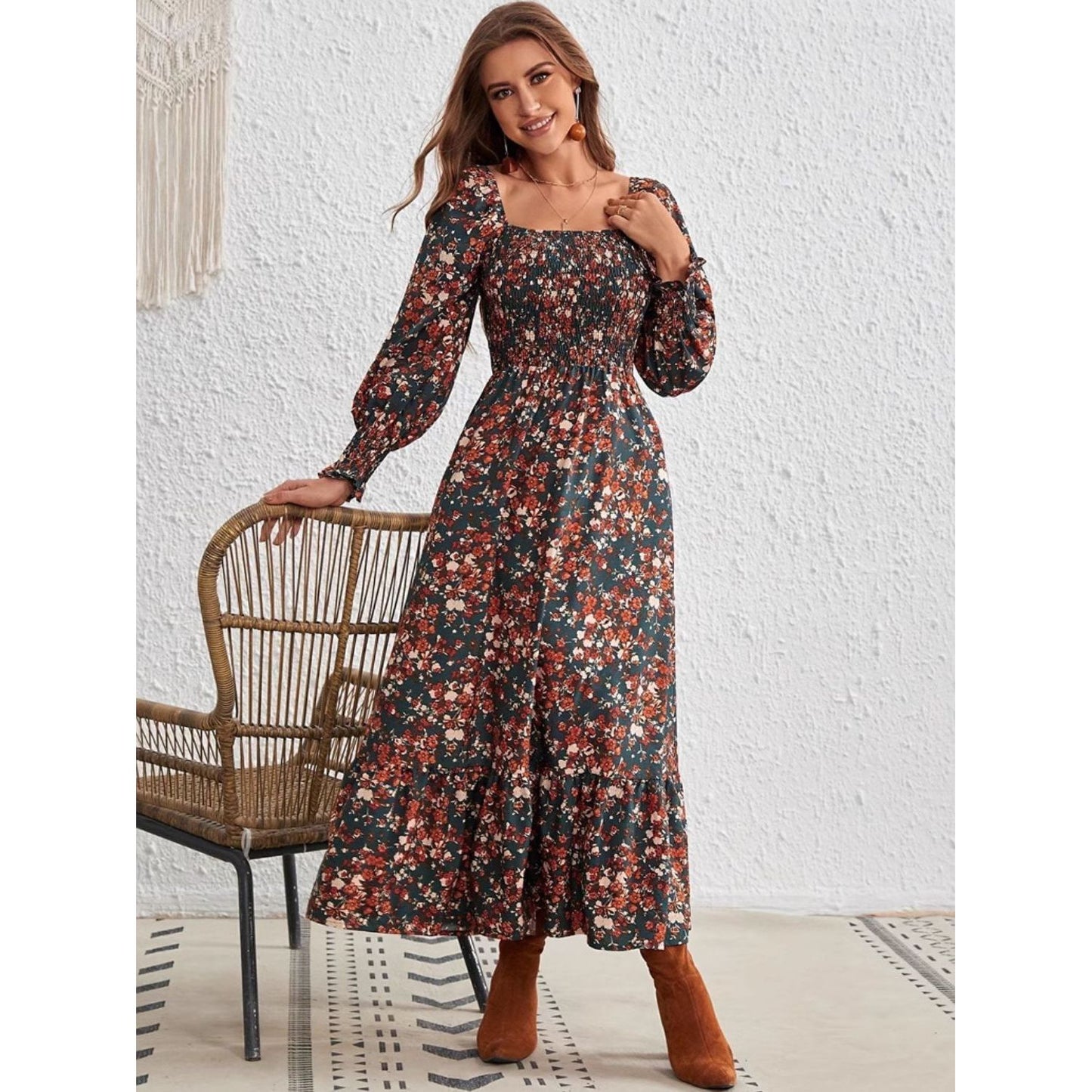 Smocked Floral Square Neck Long Sleeve Dress