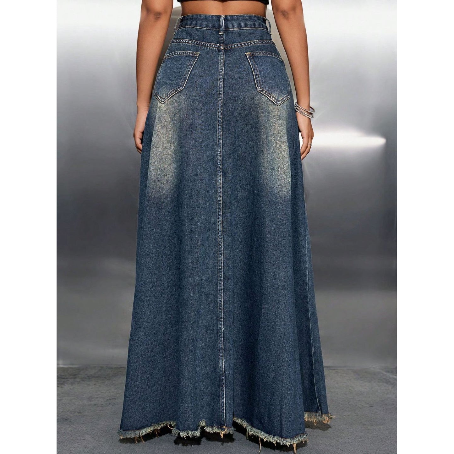 Raw Hem High Waist Denim Skirt with Pockets