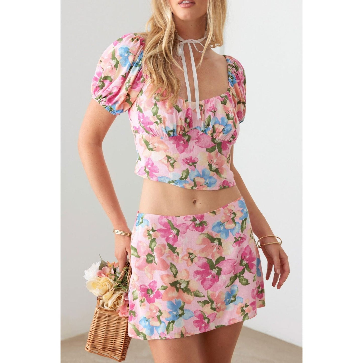 Le Lis Floral Puff Sleeve Crop Top and Mini Skirt Set