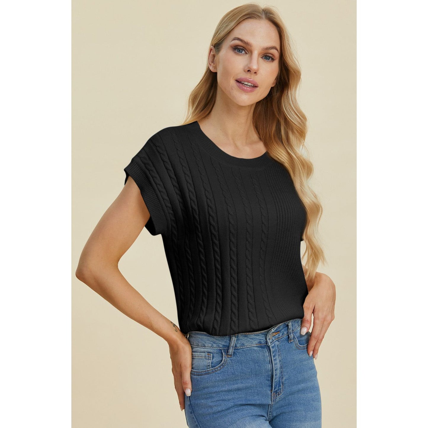 Double Take Full Size Cable-Knit Round Neck Short Sleeve Sweater