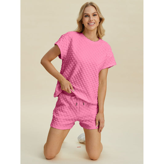 Double Take Full Size Texture T-Shirt and Shorts Set