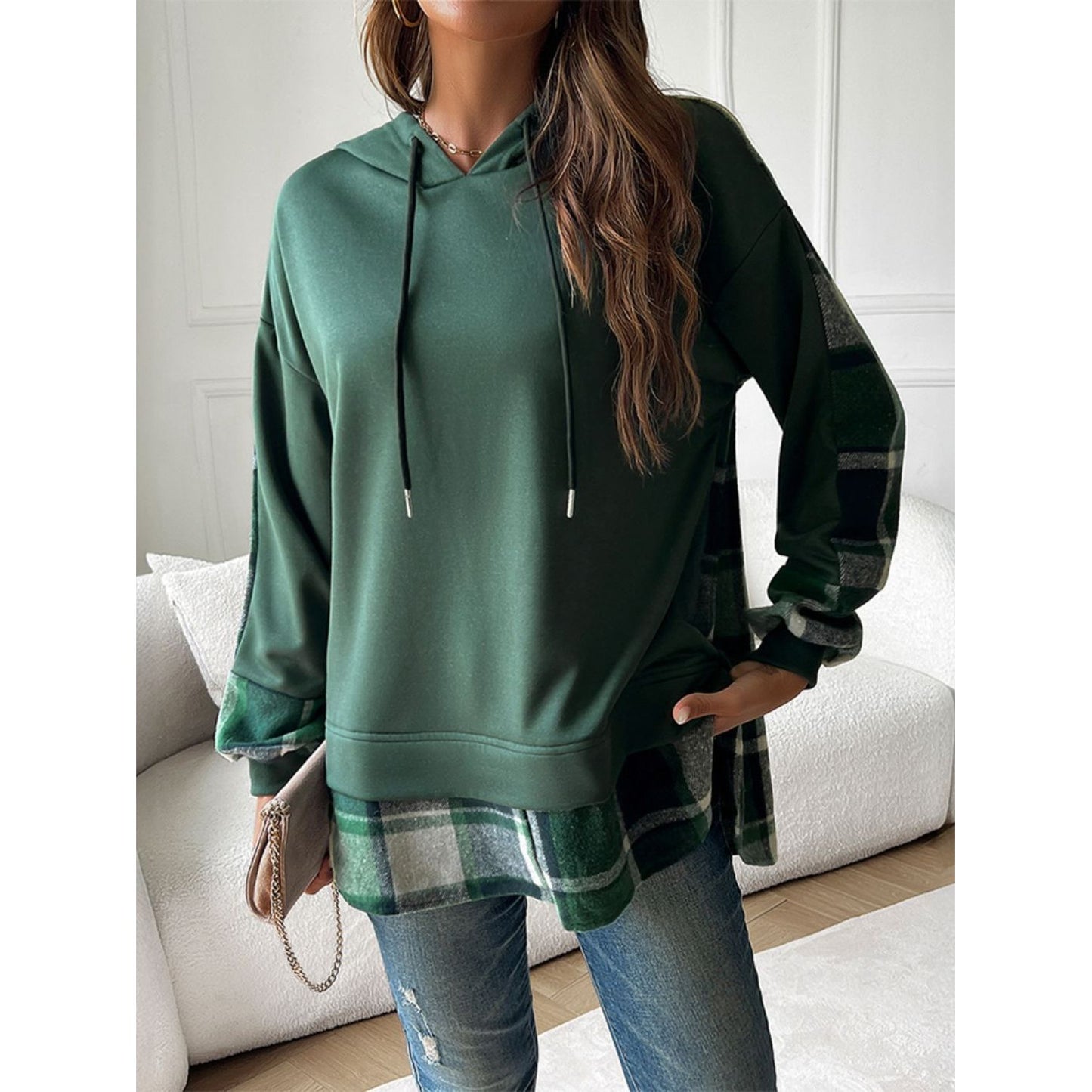 Devine Drawstring Plaid Long Sleeve Hoodie