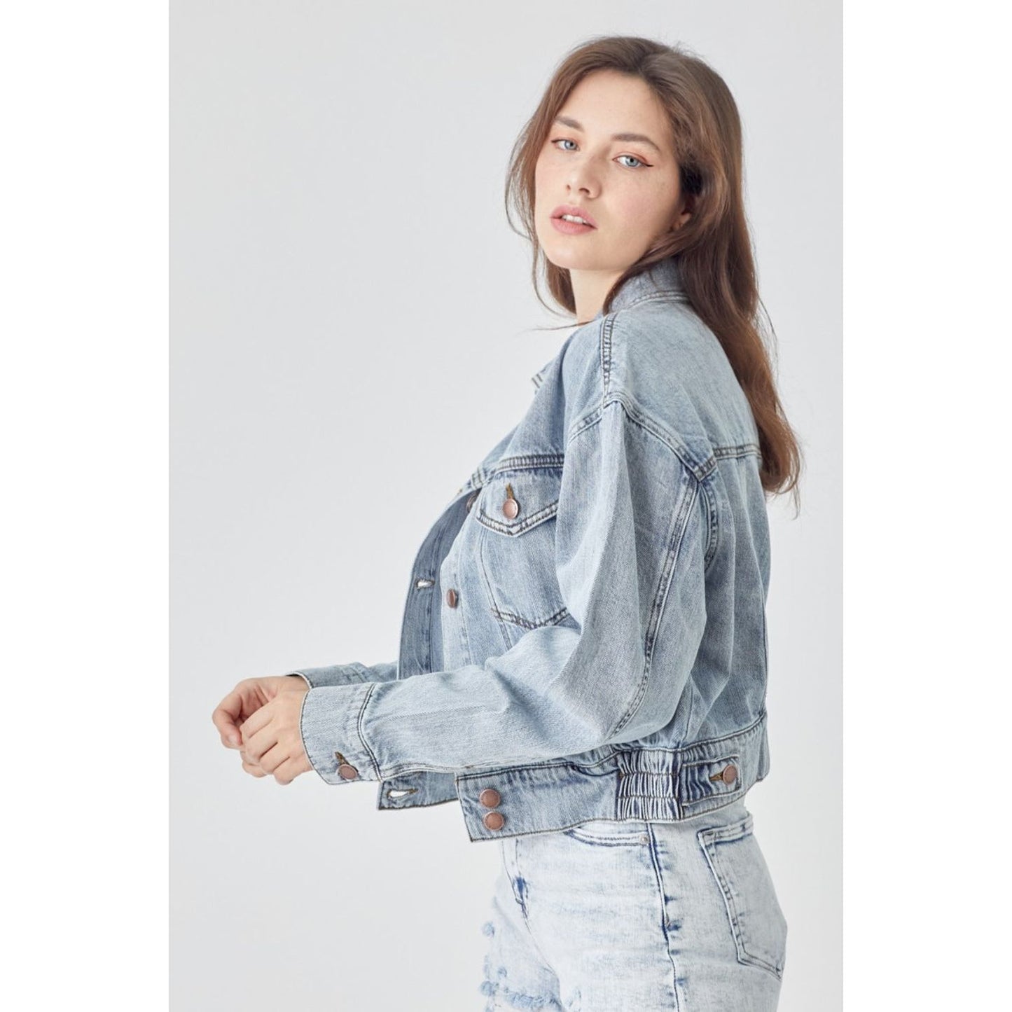 RISEN Full Size Button Down Cropped Denim Jacket