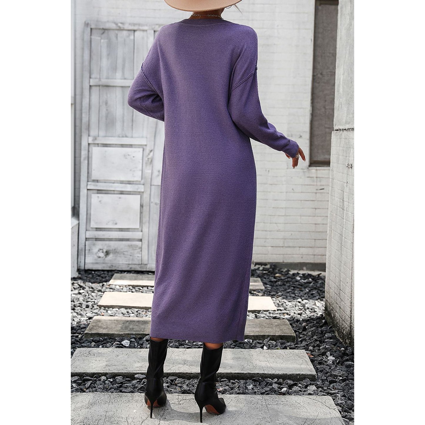 Decorative Button Notched Dropped Shoulder Sweater Dress