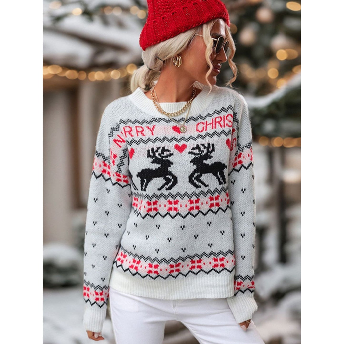 Perfee Reindeer Round Neck Long Sleeve Sweater