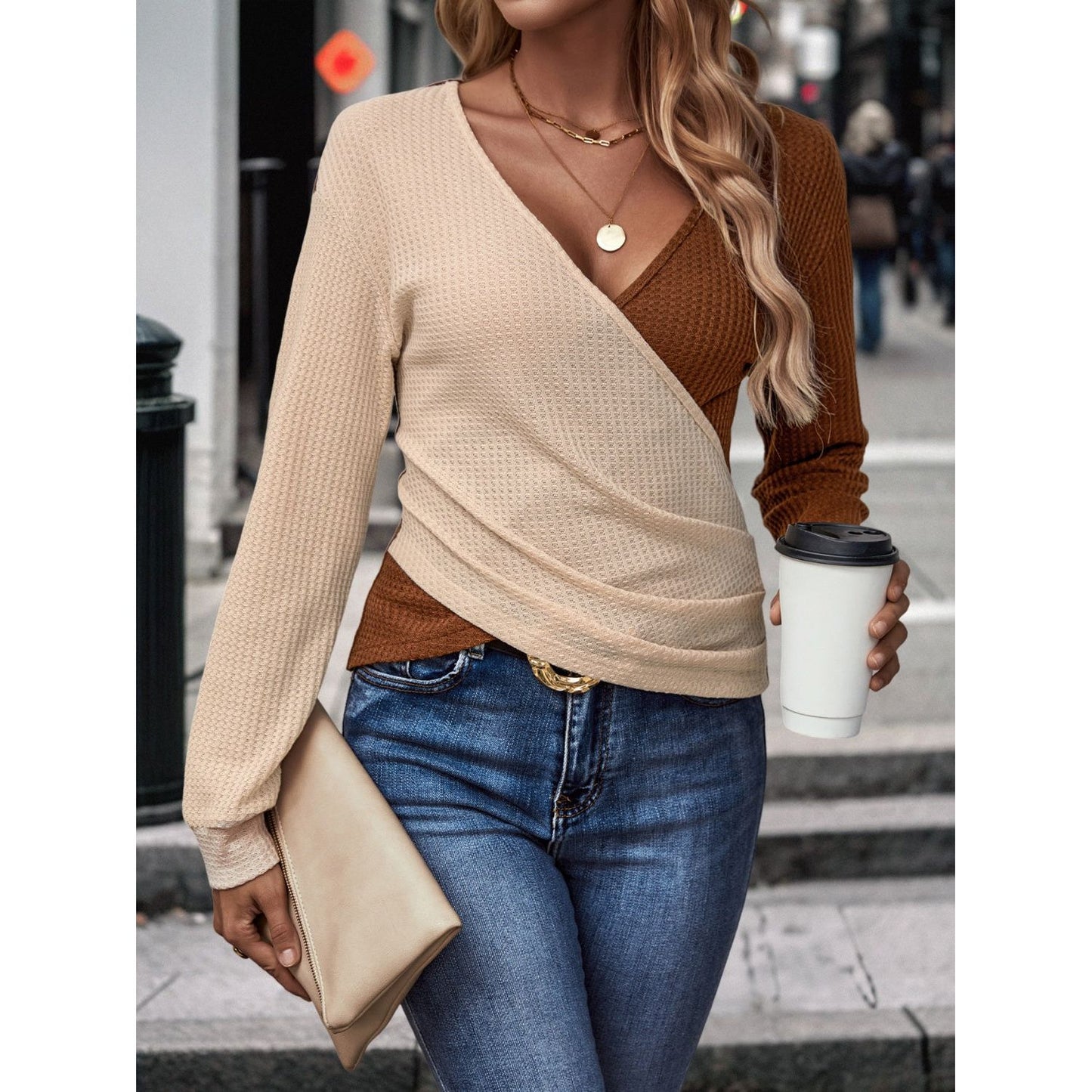 Contrast Surplice Long Sleeve Top