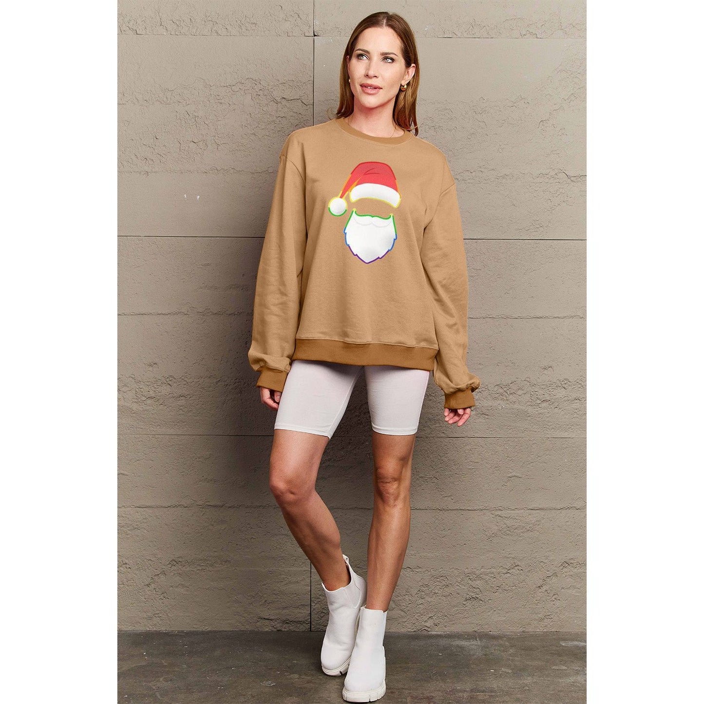 Simply Love Full Size Rainbow Santa Graphic Round Neck Sweatshirt