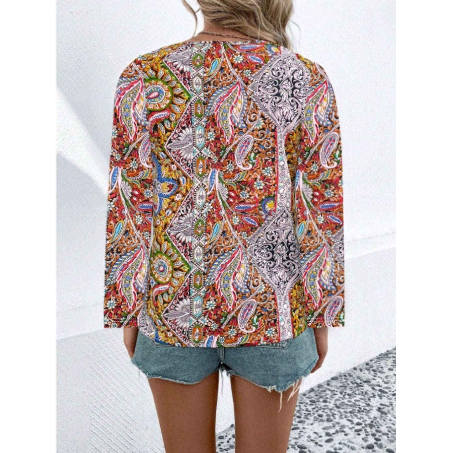 Printed V-Neck Long Sleeve Blouse