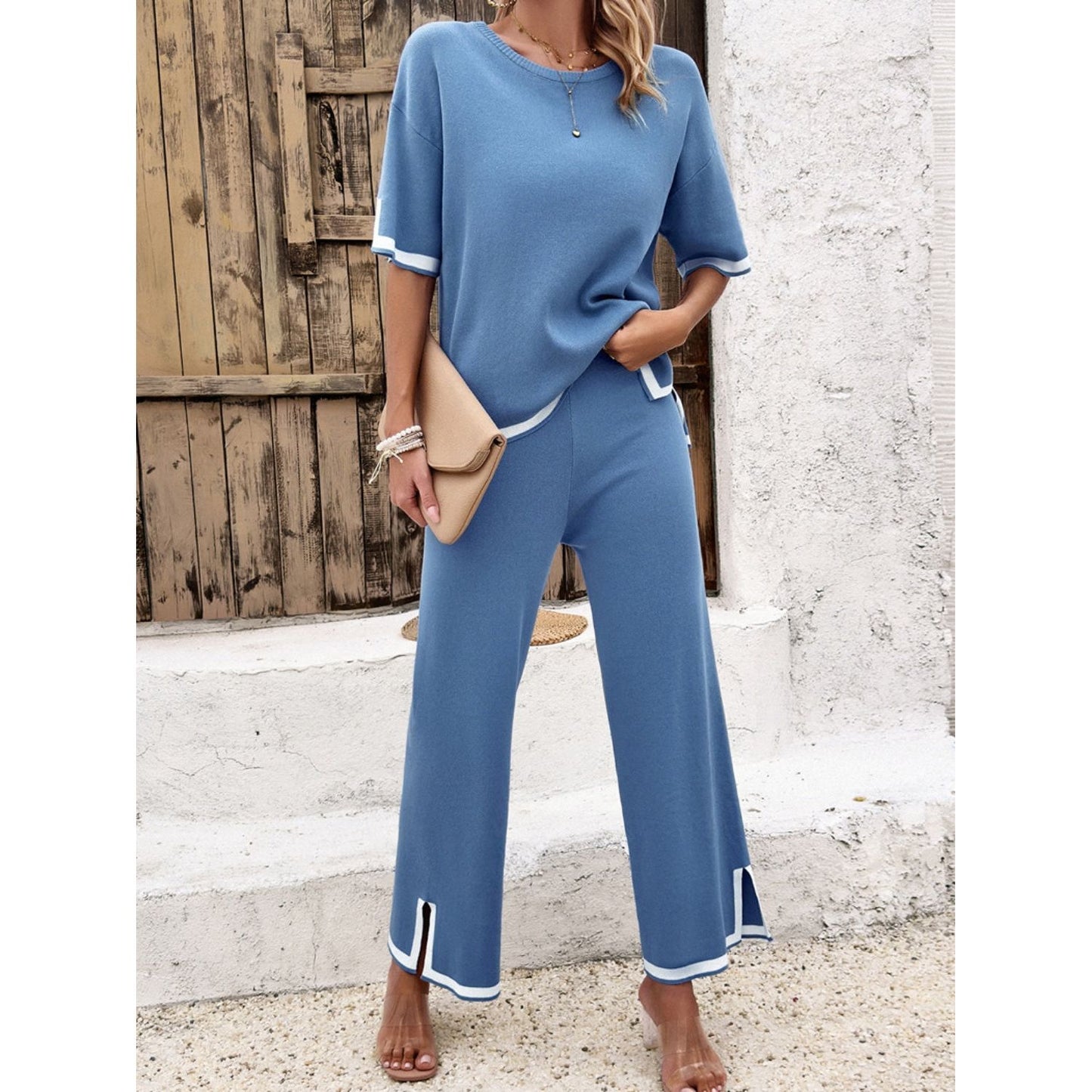 Contrast Trim Round Neck Top and Pants Set