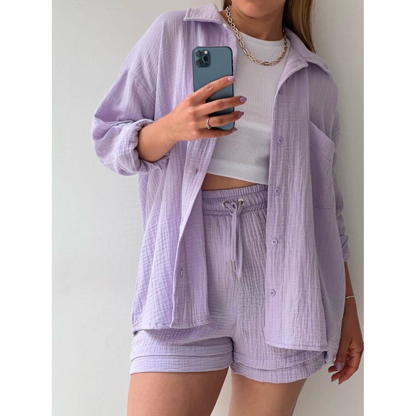 Texture Button Up Shirt and Drawstring Shorts Set