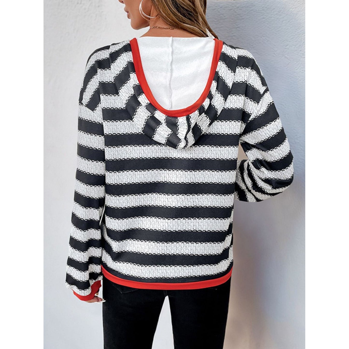 Perfee Contrast Striped Long Sleeve Hoodie