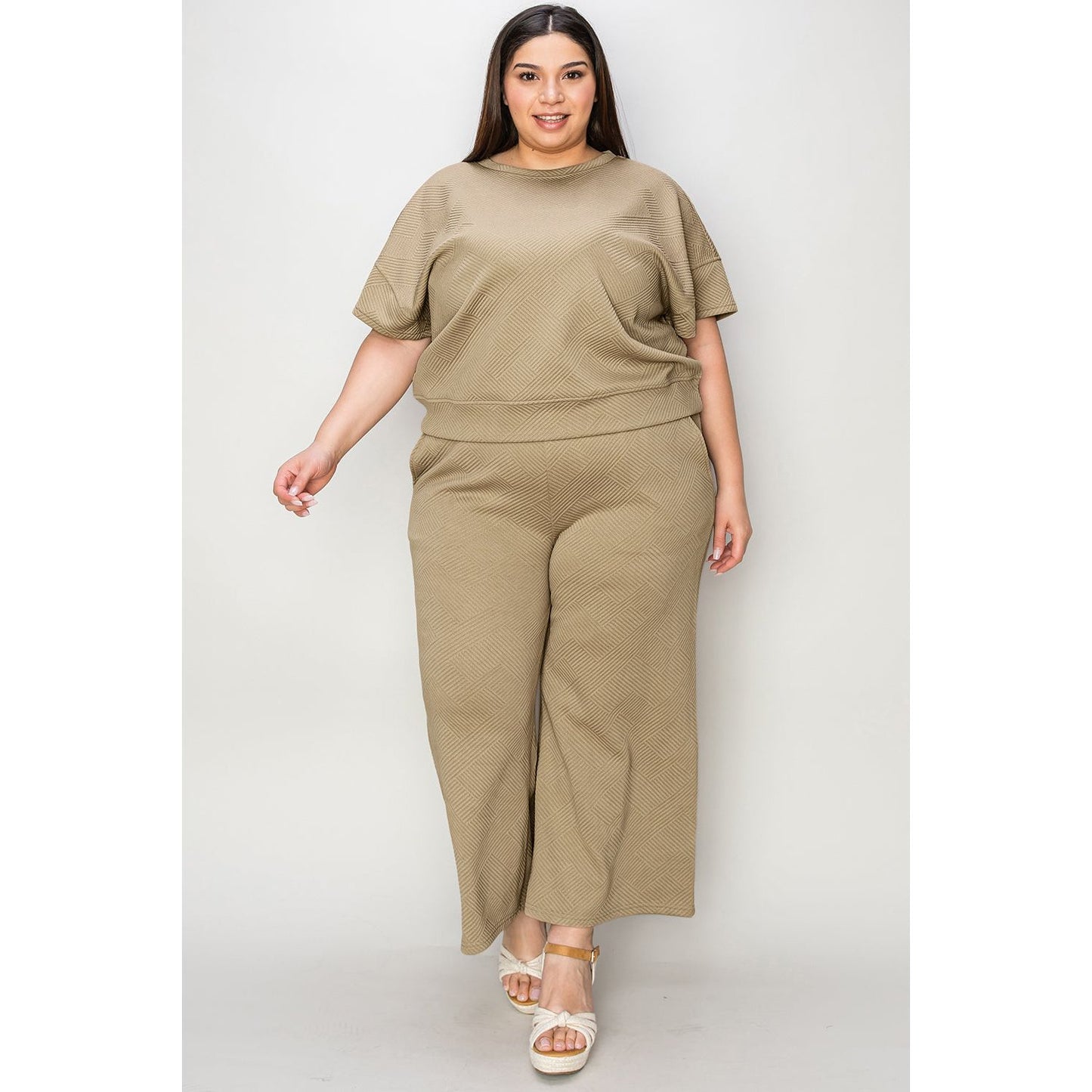 Double Take Full Size Texture Short Sleeve Top and Pants Set