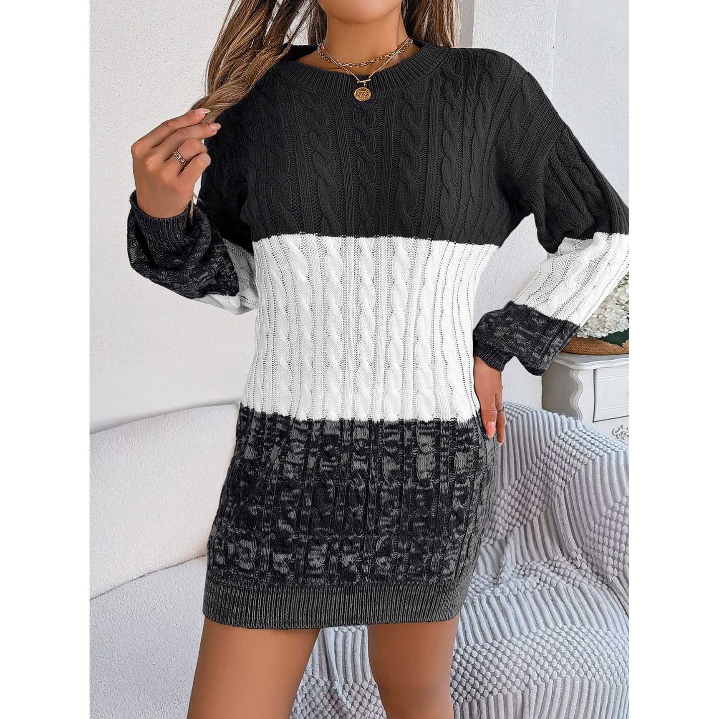 Cable-Knit Round Neck Color Block Sweater Dress