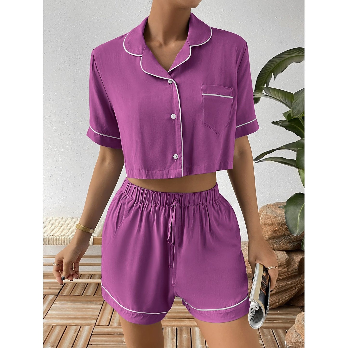 Ivy Lane Contrast Lapel Collar Cropped Shirt and Shorts Lounge Set