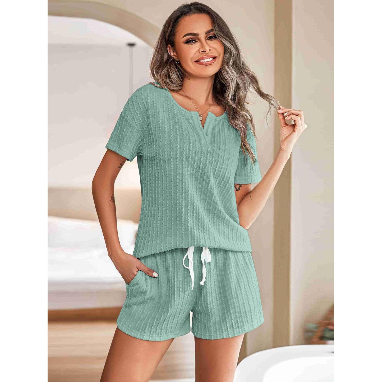 Notched Short Sleeve Top and Shorts Set