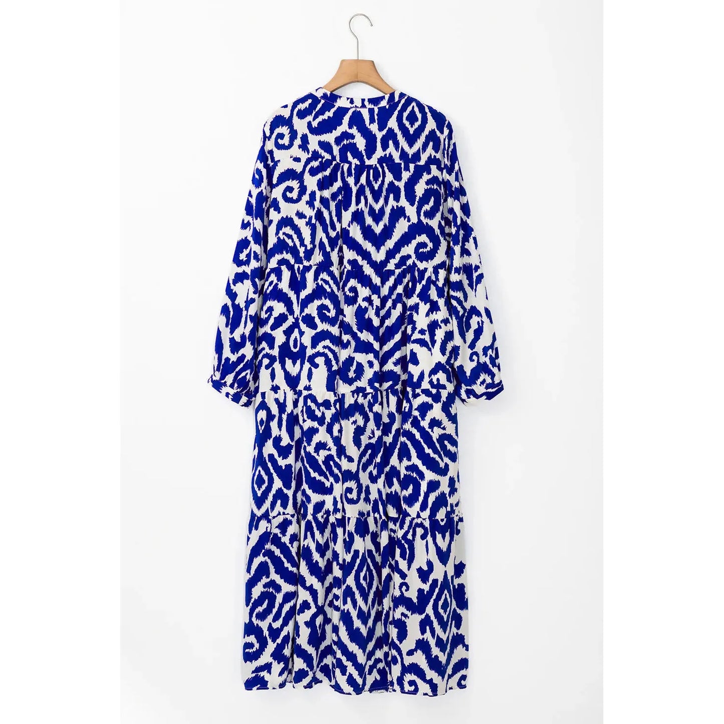 Tiered Printed Notched Long Sleeve Midi Dress