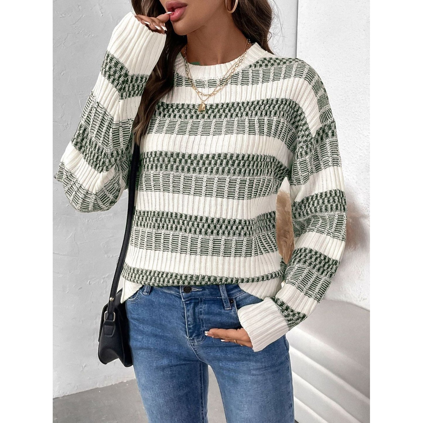 Perfee Contrast Round Neck Long Sleeve Sweater