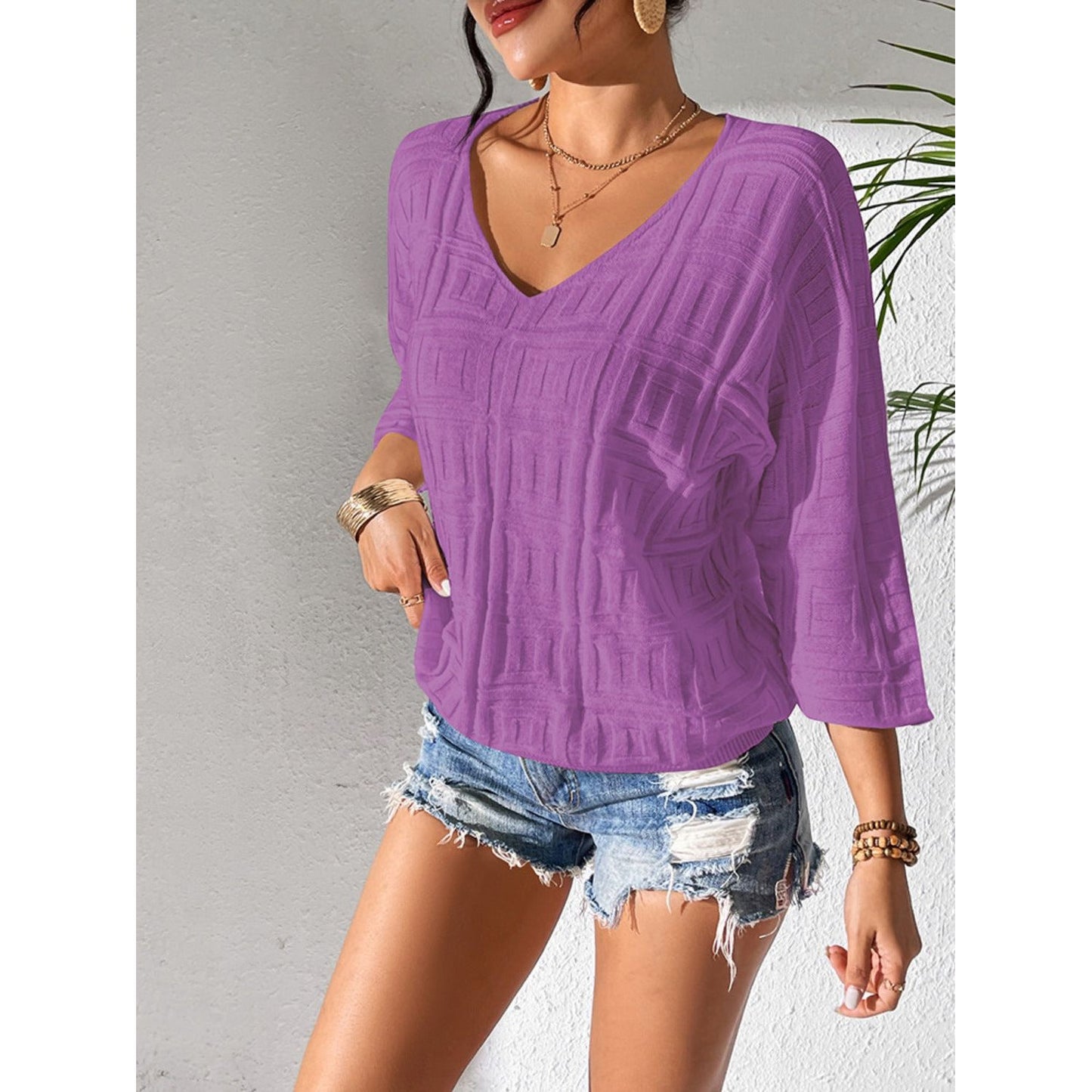 V-Neck Three-Quarter Sleeve Knit Top