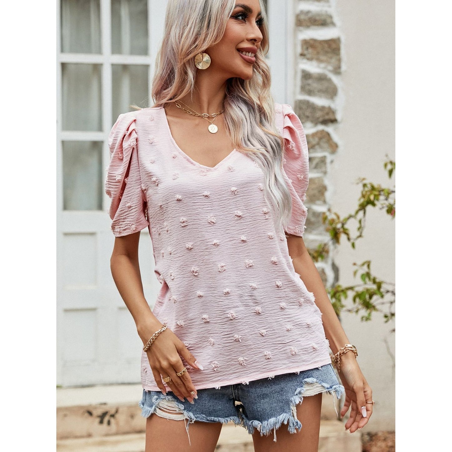 Swiss Dot Short Puff Sleeve Top