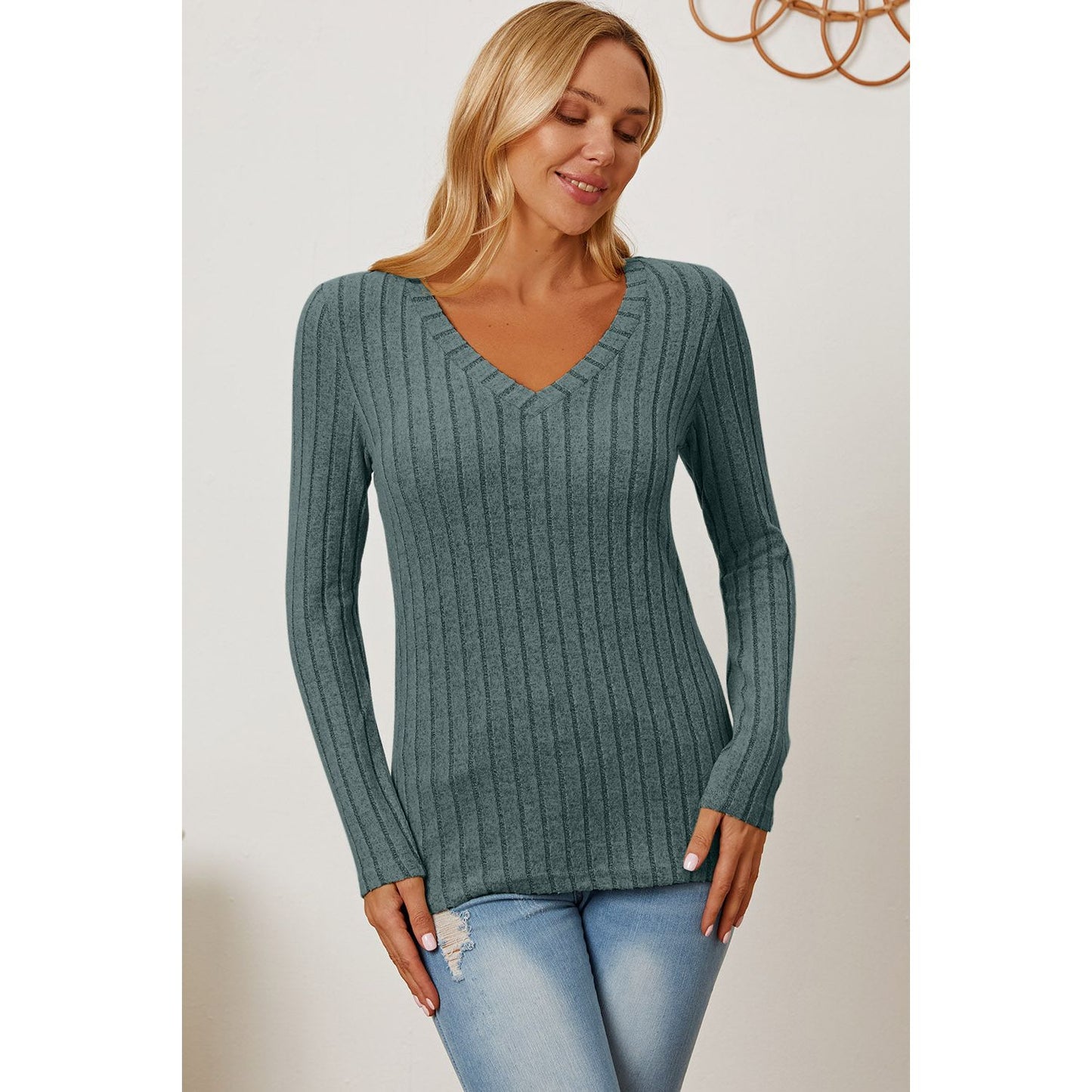 Basic Bae Full Size Ribbed V-Neck Long Sleeve T-Shirt