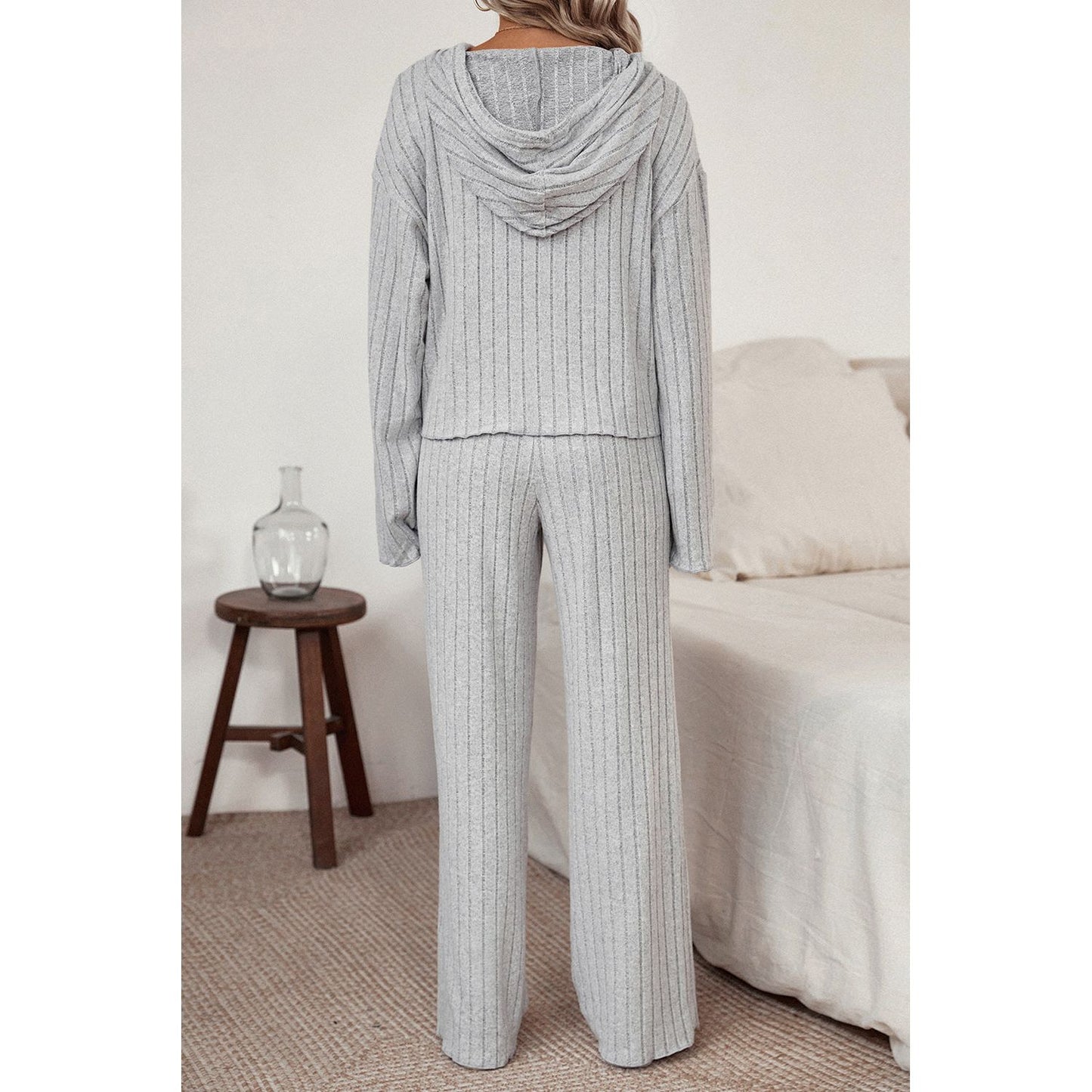 Ribbed Drawstring Hoodie and Pants Lounge Set