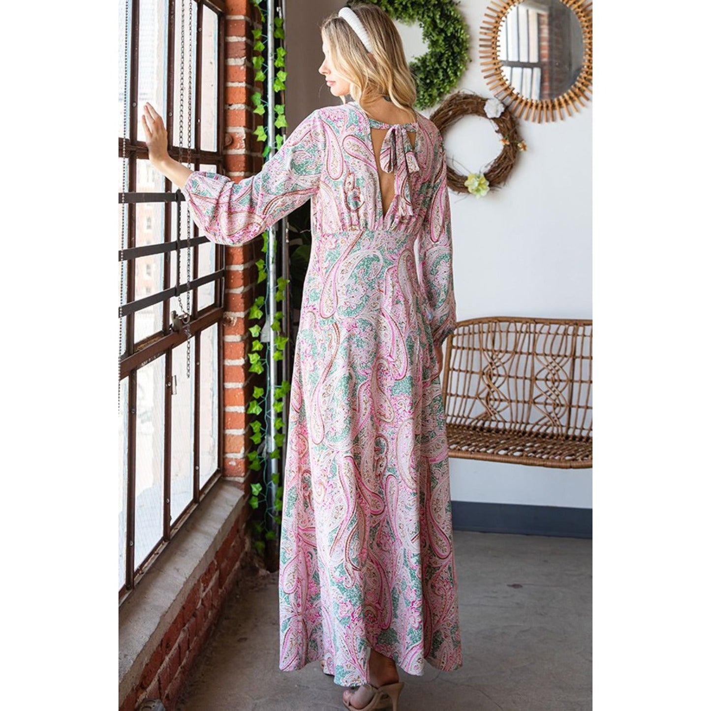 First Love Paisley Print Tie-Back Long Sleeve Maxi Dress