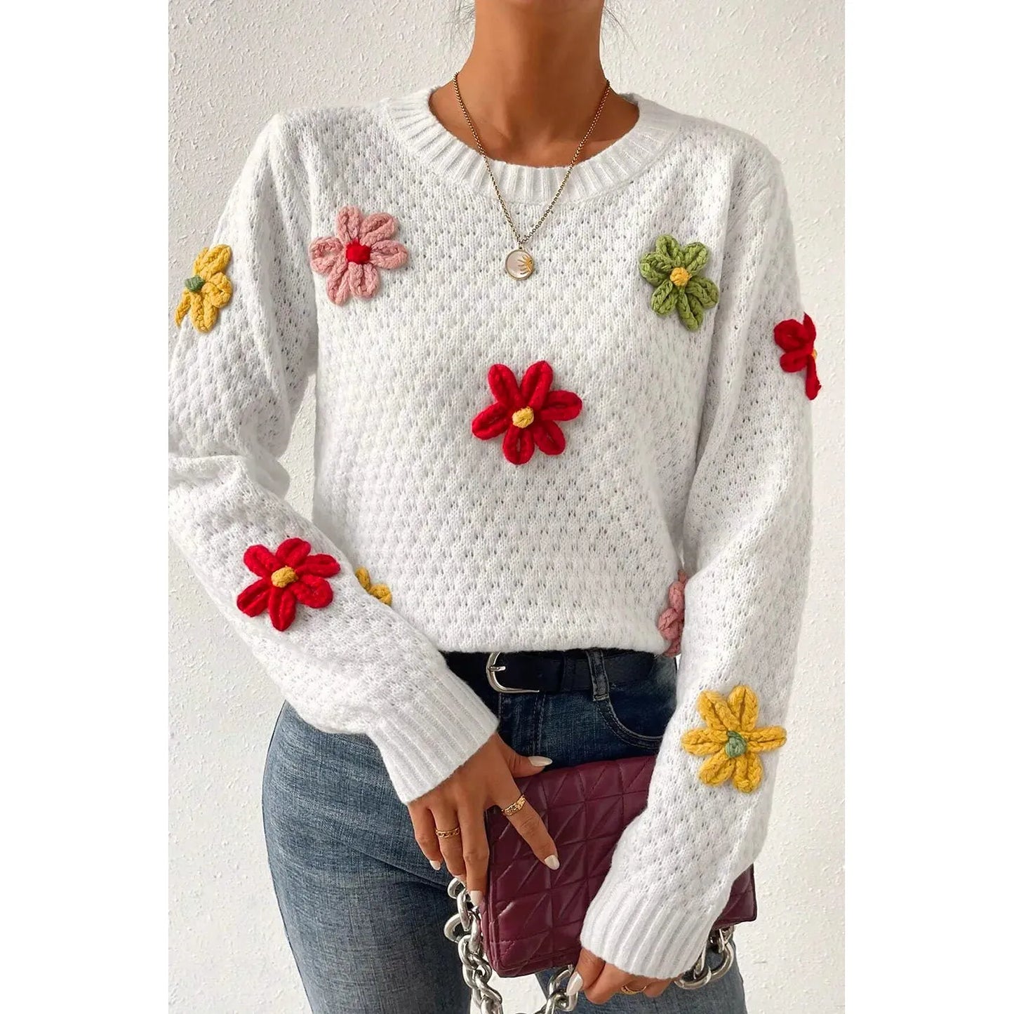 Crochet Flower Round Neck Sweater