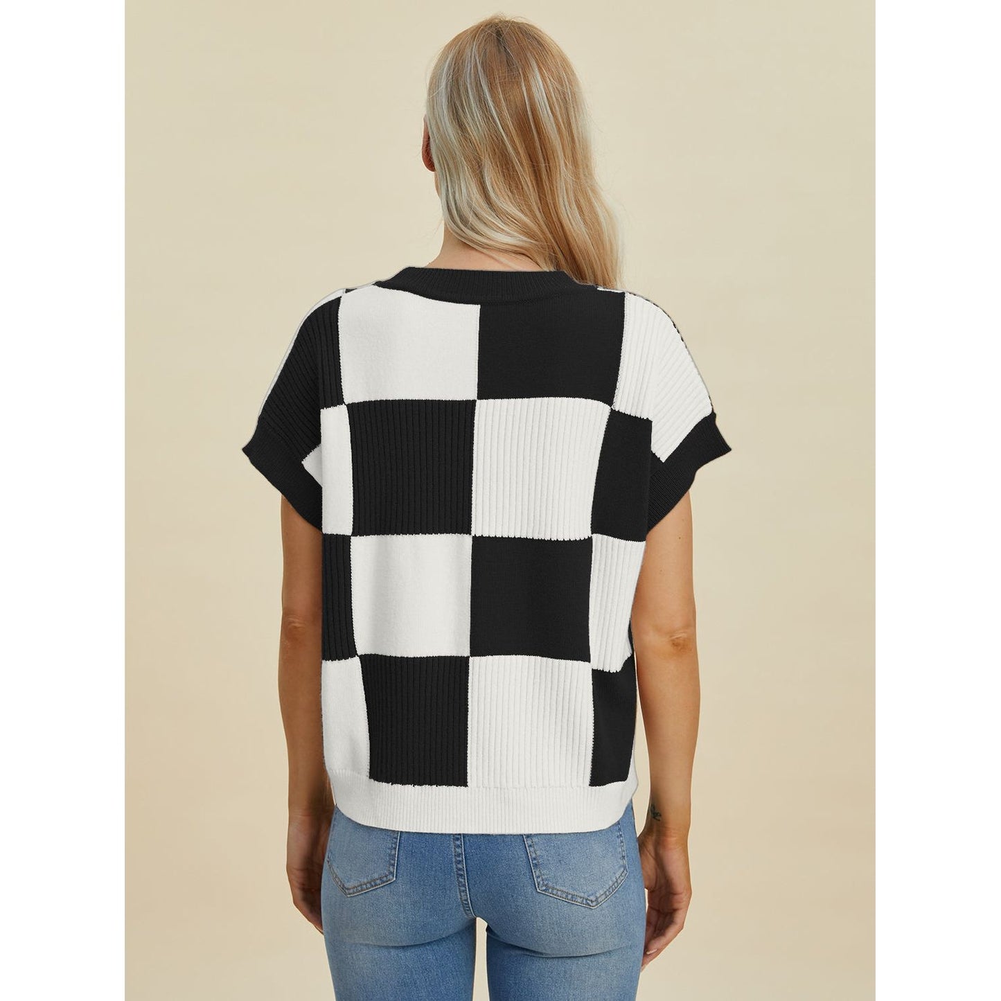 Double Take Full Size Checkered Round Neck Short Sleeve Sweater