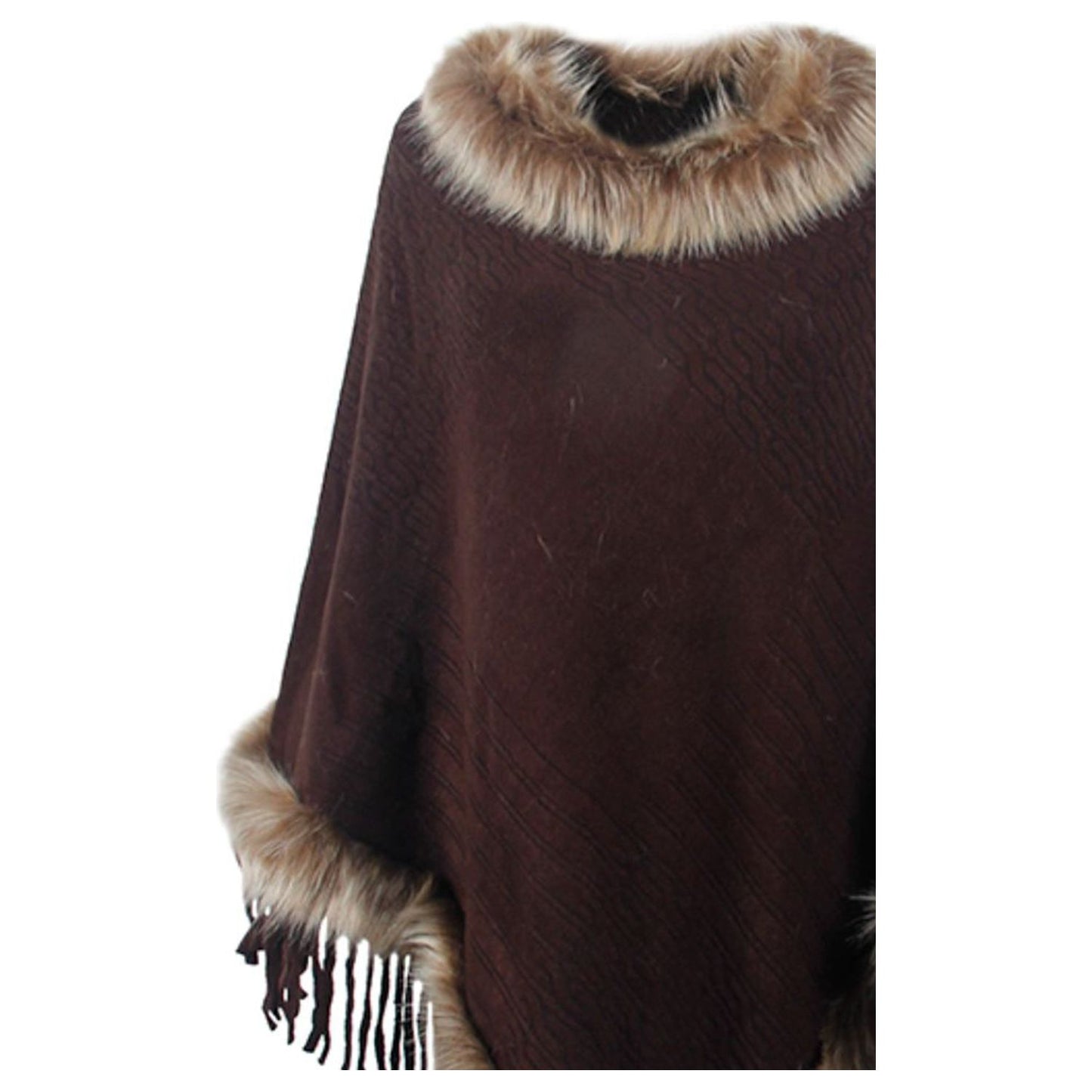 Faux Fur Trim Fringed Poncho