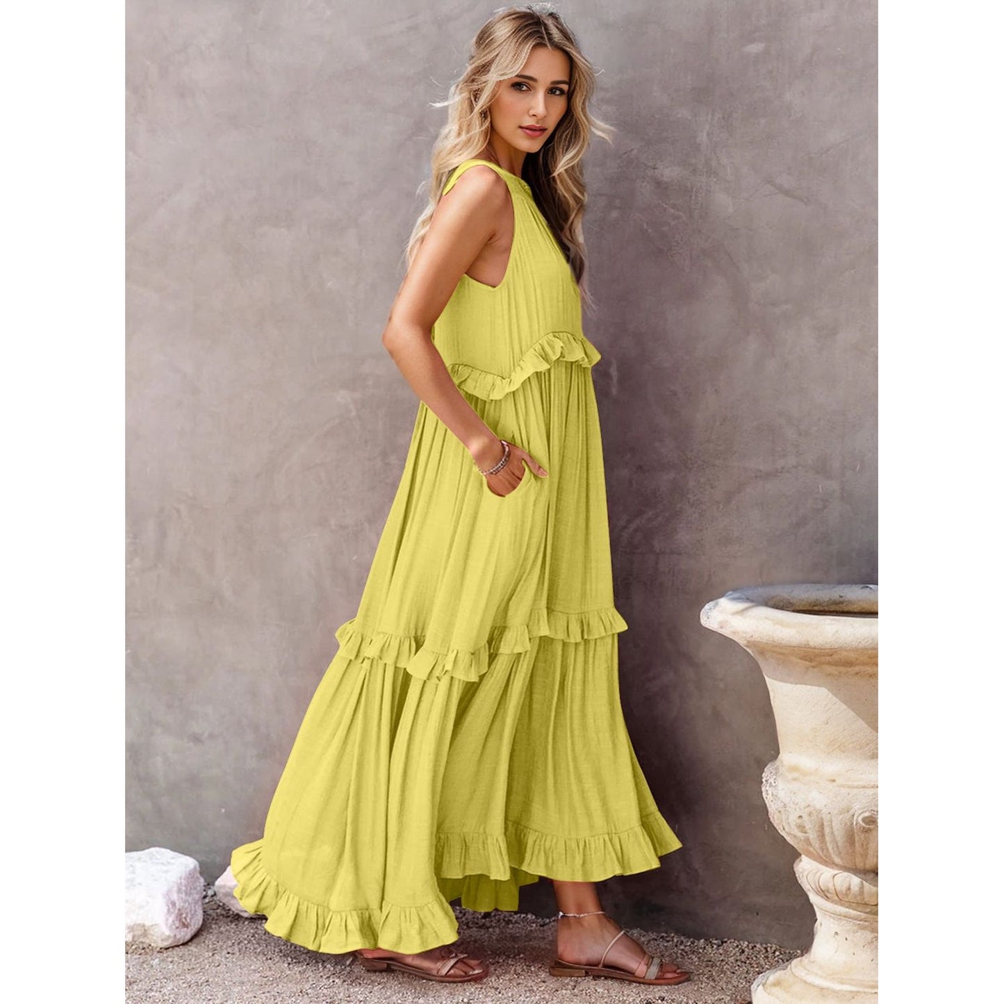 Ruffled Sleeveless Tiered Maxi Dress with Pockets