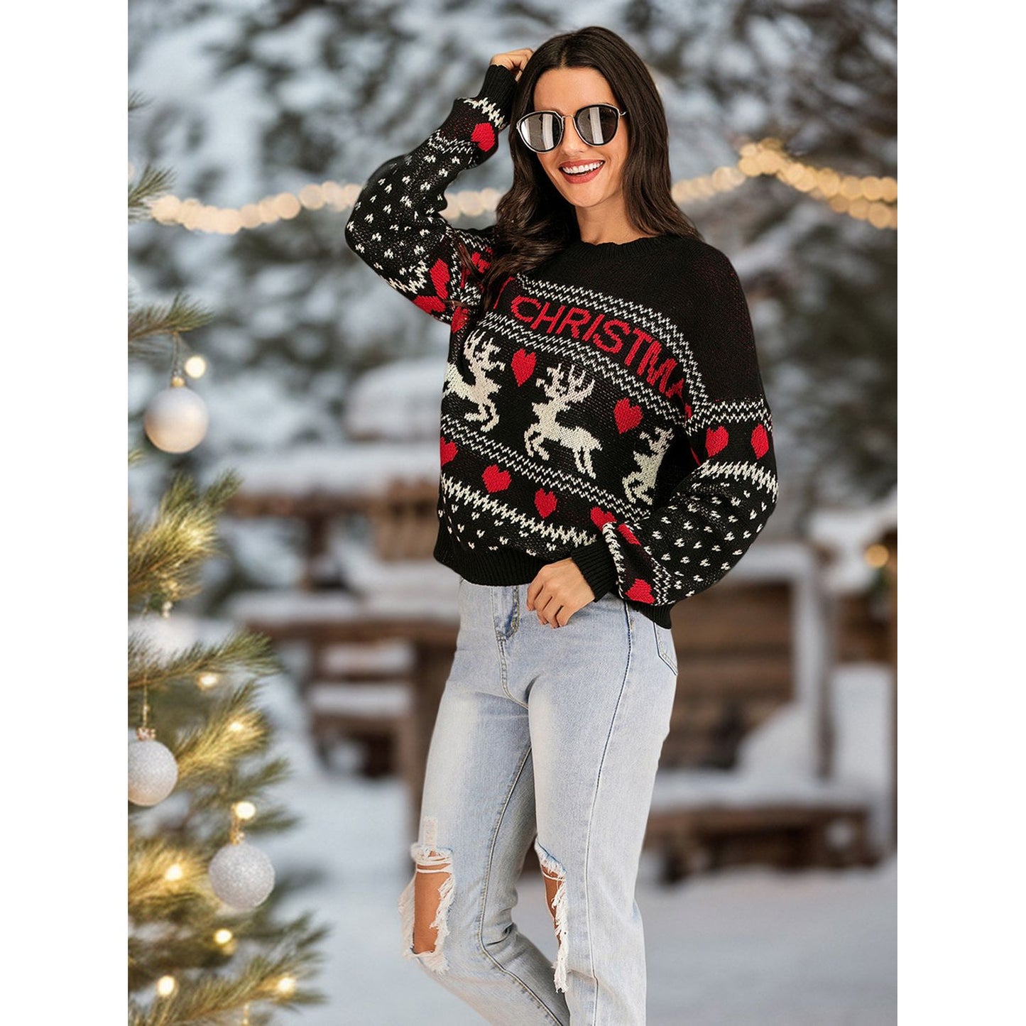 Perfee Christmas Element Round Neck Sweater