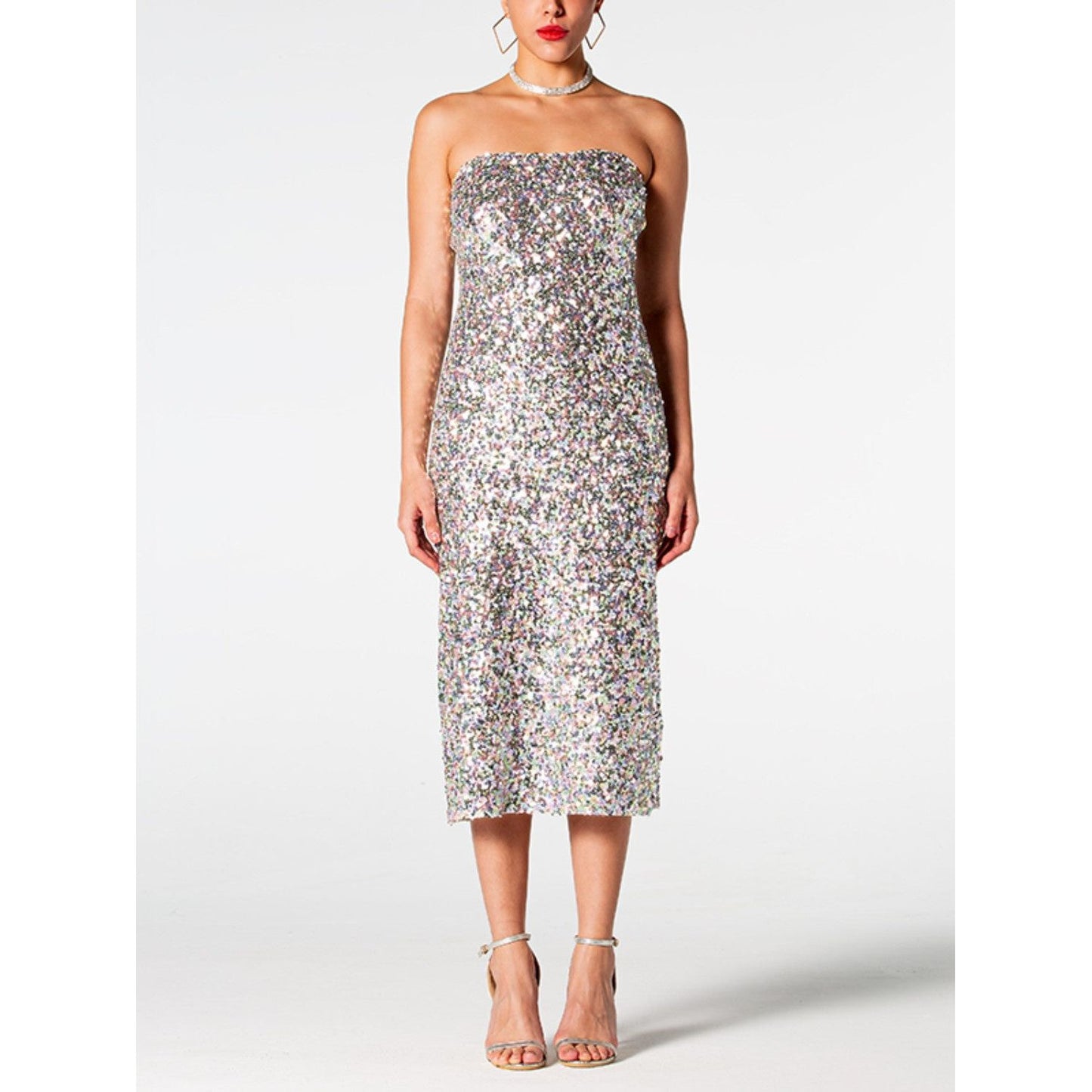 Sequin Straight Neck Midi Wrap Dress