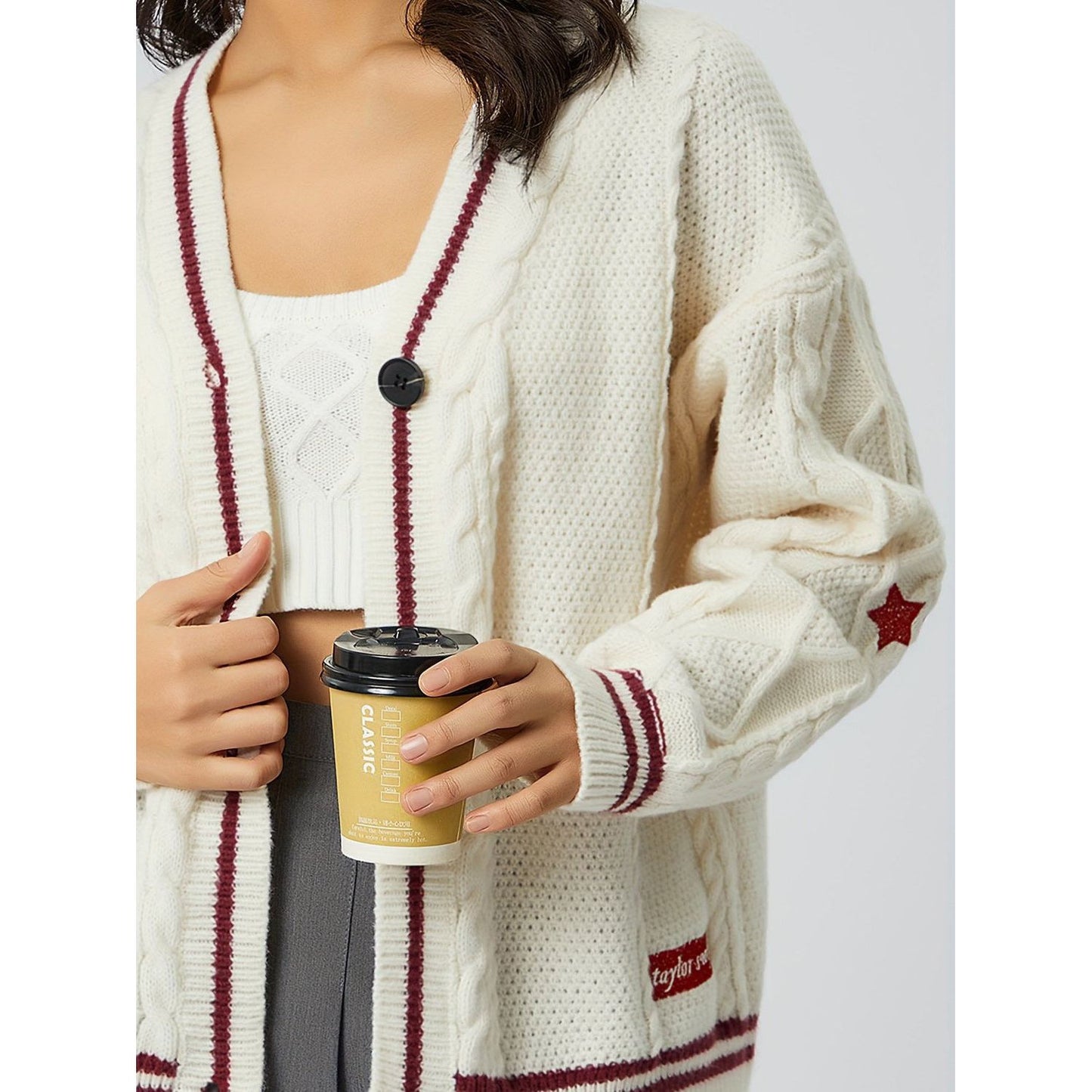 Star Embroidered V-Neck Long Sleeve Cardigan