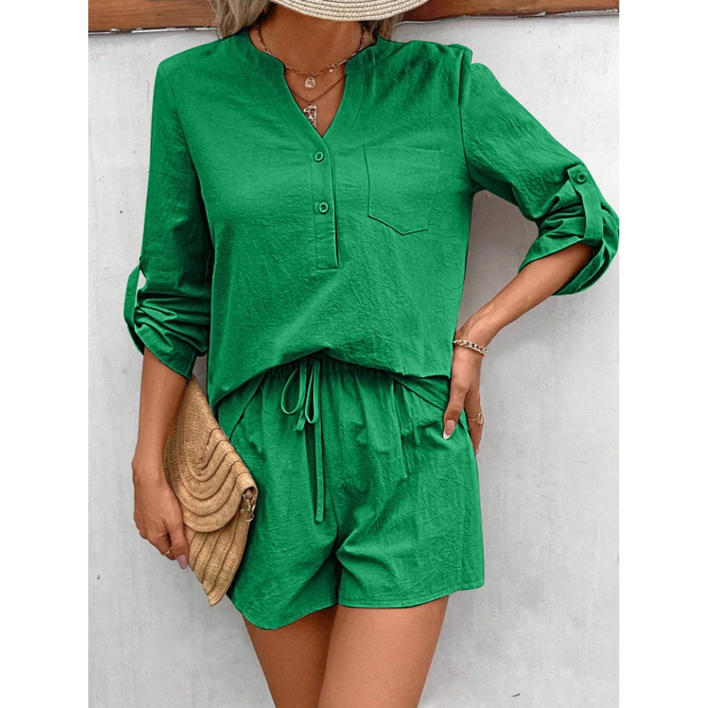 Notched Long Sleeve Top and Shorts Set