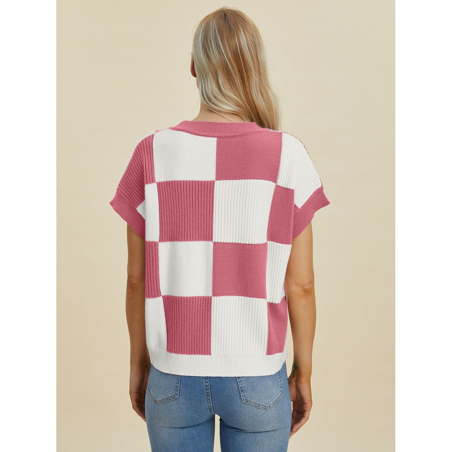 Double Take Full Size Checkered Round Neck Short Sleeve Sweater